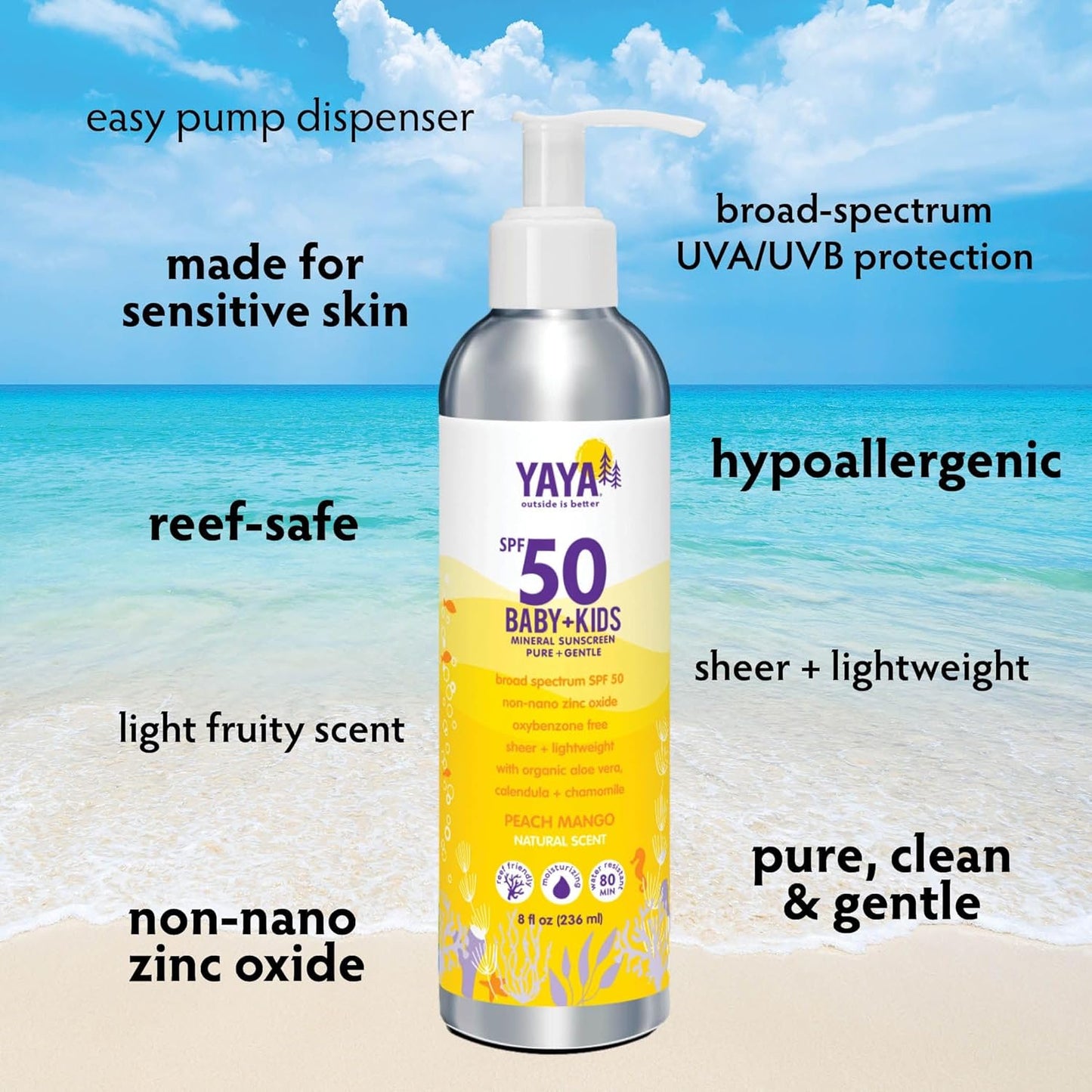 YAYA ORGANICS Baby + Kids Mineral Sunscreen Lotion, SPF 50, Reef-Friendly, Non-Nano Zinc Oxide, Water-Resistant, Hypoallergenic, Pure + Gentle for delicate skin, 8 oz