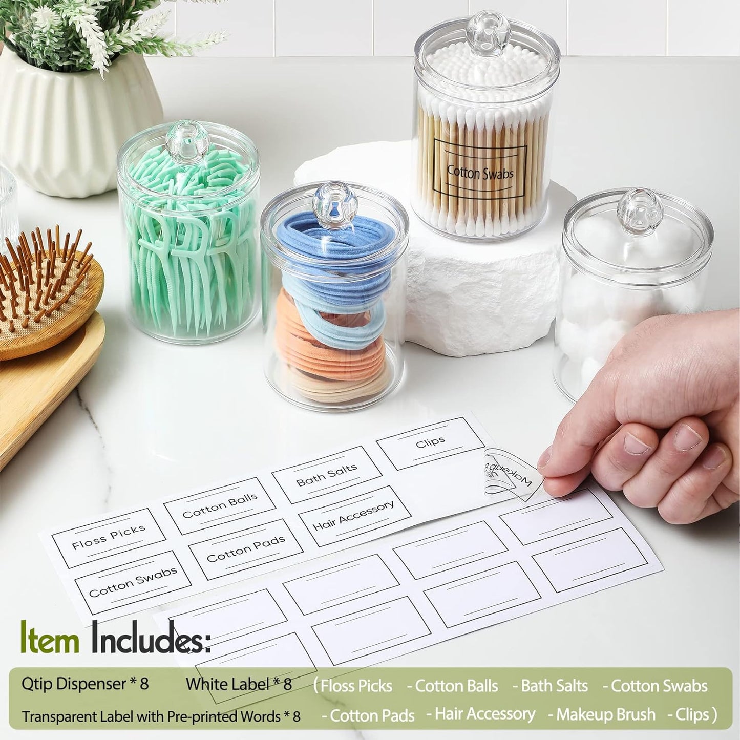 AOZITA 8 Pack Acrylic Qtip Holder Dispenser with Lids & Labels, Cotton Swab, Ball, Round Pads, Floss Picks Storage Canister - Clear Plastic Apothecary Jar for Bathroom Vanity Makeup Organizer