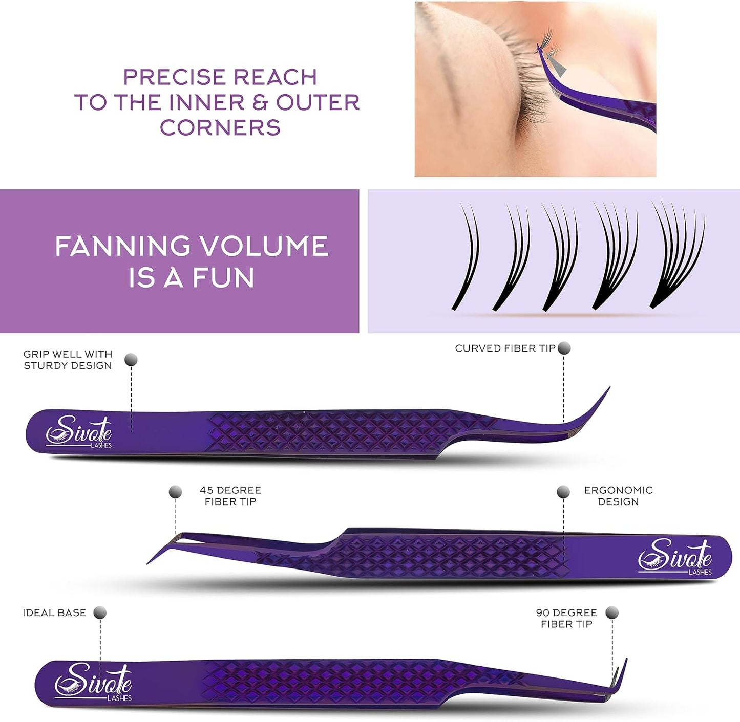 SIVOTE Eyelash Extension Tweezers Fiber Tips, Set of 6, Curved, Dolphin, 90 Degree 45 Degree, Volume Boot & Slight Curved Tweezer, Purple