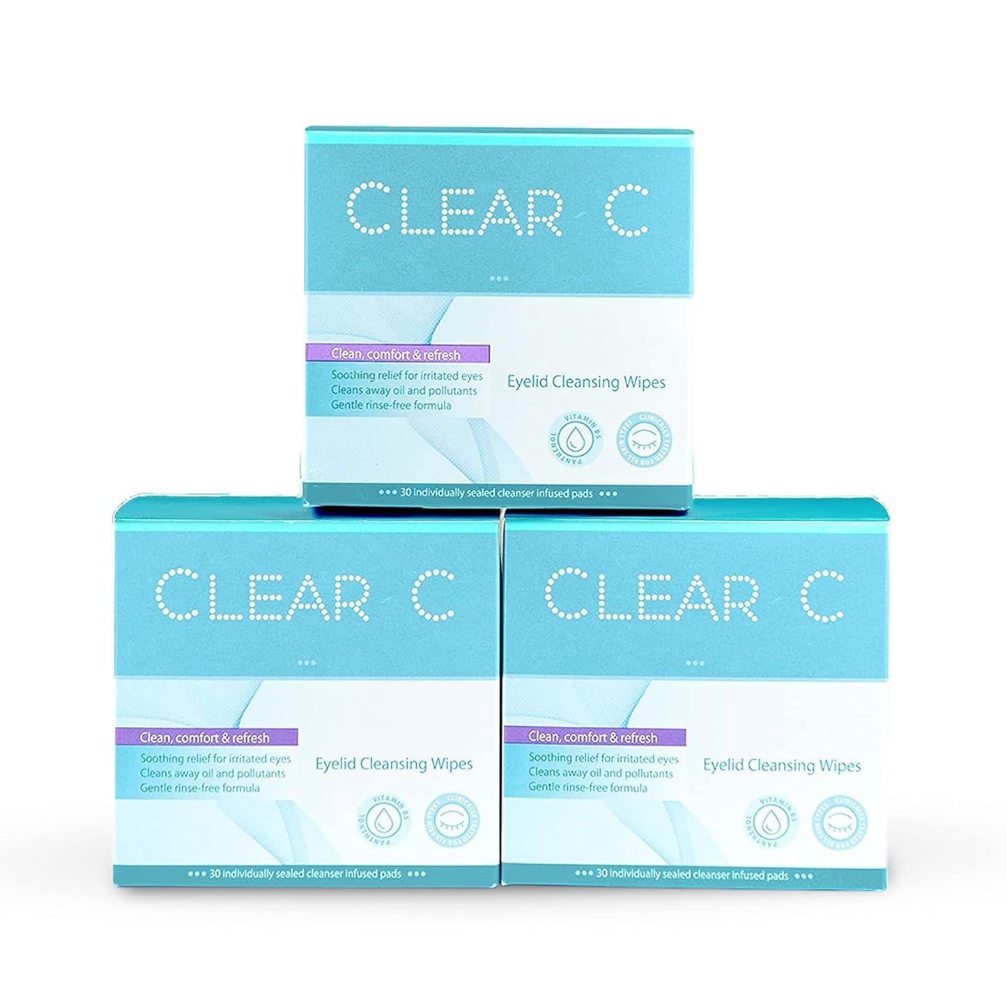 Clear C Eyelid Wipes Pre-Moistened for Dry Eyes – Rinse Free Eye Lid Cleaning Wipes – Individually Wrapped Travel Eye Wipes, 3 Boxes of 30