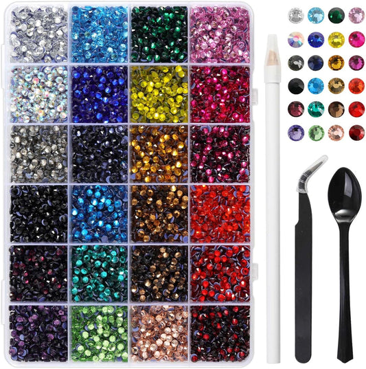 Hotfix Rhinestones Mixed 24 Colors, SS16 Rhinestones for Crafts Clothes, Hotfix Crystals with 1 Tweezers, 1 Wax Pencil and 1 Spoon