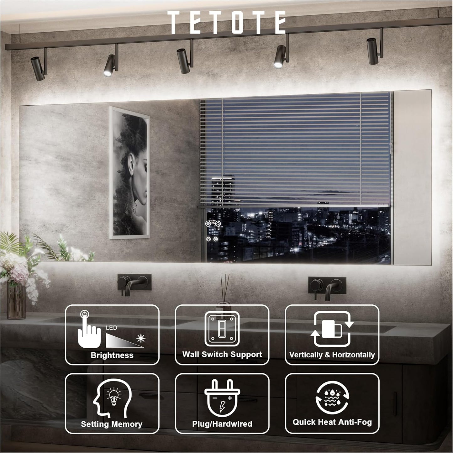 TETOTE 84 x 40 Inch LED Backlit Bathroom Mirror with Lights,Anti-Fog Lighted Mirror,Dimmable,Vanity Mirror,Wall Mounted