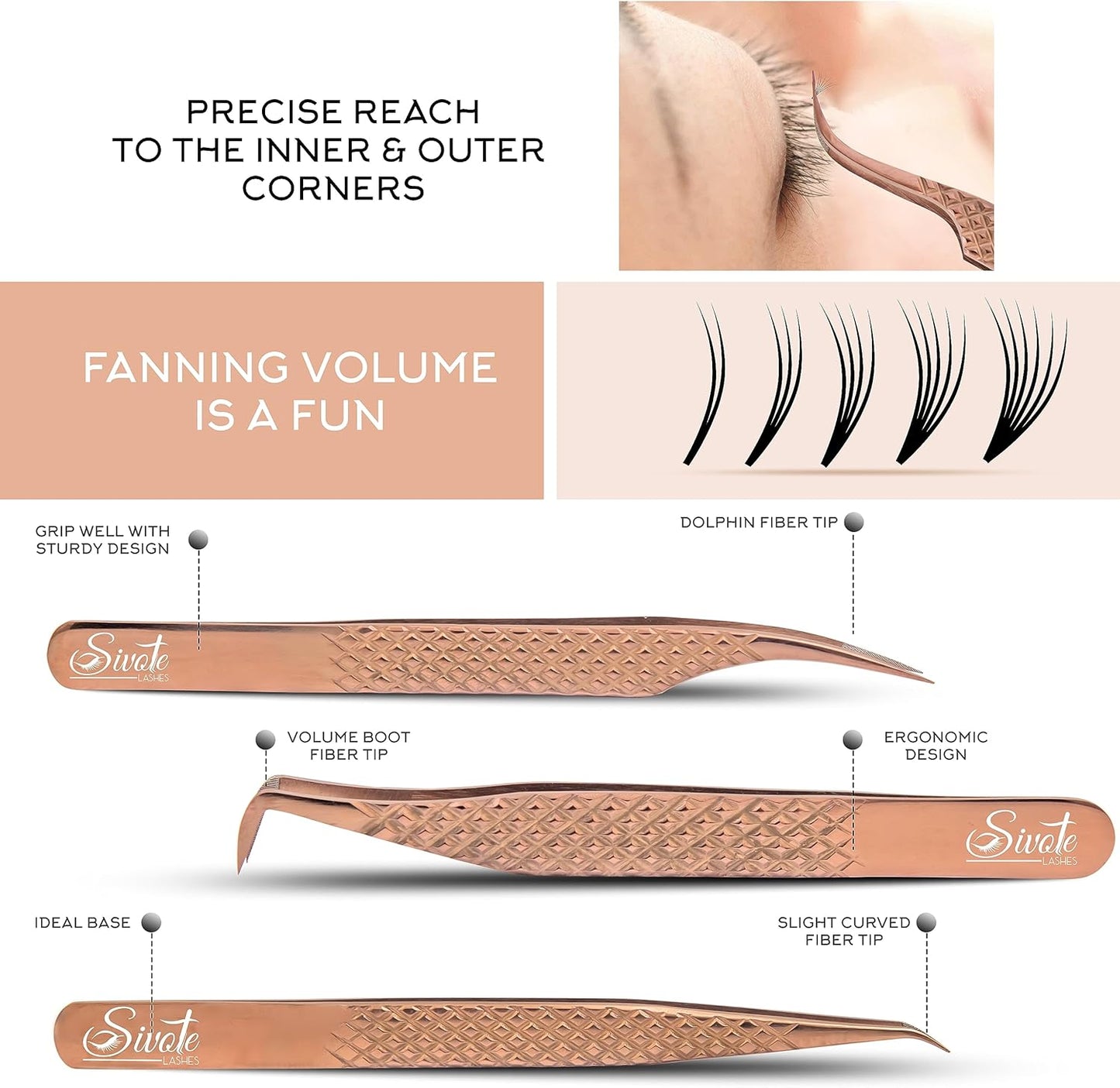 SIVOTE Eyelash Extension Tweezers Fiber Tips, Set of 6, Curved, Dolphin, 90 Degree 45 Degree, Volume Boot & Slight Curved Tweezer, Rose Gold