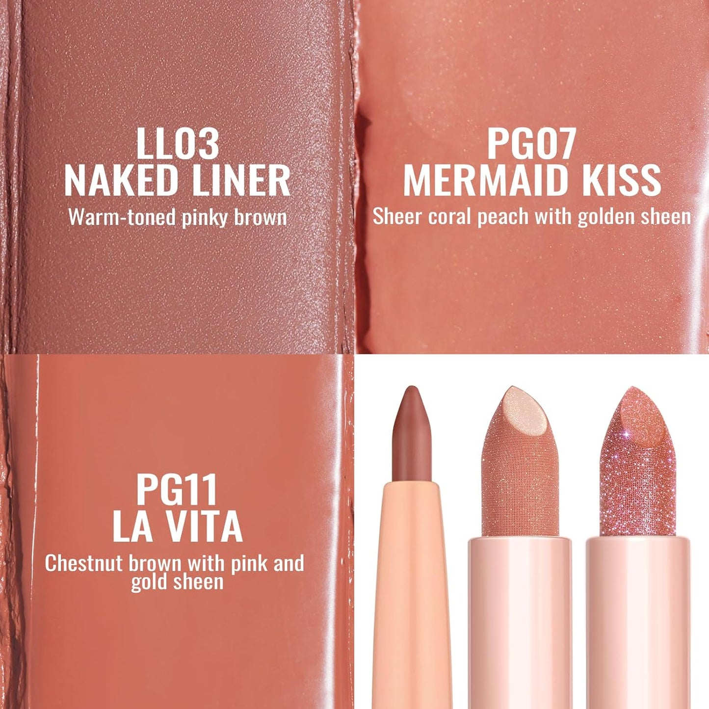 Oulac Lipstick & Lipliner Set 3PCS High Impact Lipcolor with Moisturizing Formula, Vegan Beauty, Full-Coverage Lip Color, Gift Lipstick for Women, LL03+PG07+PG11