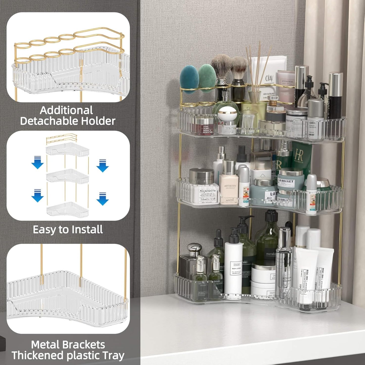 Makeup Organizer Countertop 3 Tier, Corner Bathroom Countertop Organizer with Toothbrush and Makeup Brush Holder, Corner Vanity Tray for Skincare Organization