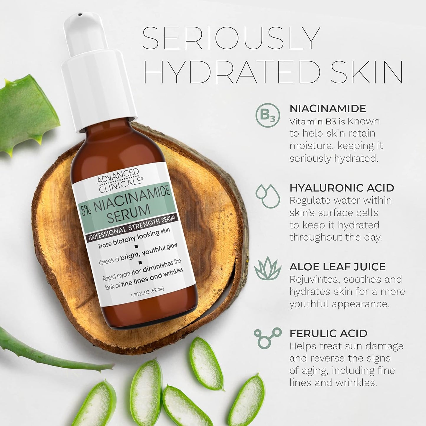 Advanced Clinicals Niacinamide Serum - 5% Niacinamide Serum For Face W/Hyaluronic Acid Serum, Ferulic Acid, Aloe Vera, Fruit Extracts - Dark Spot & Age Spot Remover - Skin Serum for Face 1.75 Fl Oz