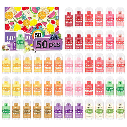 Mini Lip Balm 50 Pack, Natural Lip Balms with Vitamin E and Coconut Oil. Moisturizes for Dry Lips, Perfect for Party Favors, Gift Bags and Small Gifts-13 Flavors