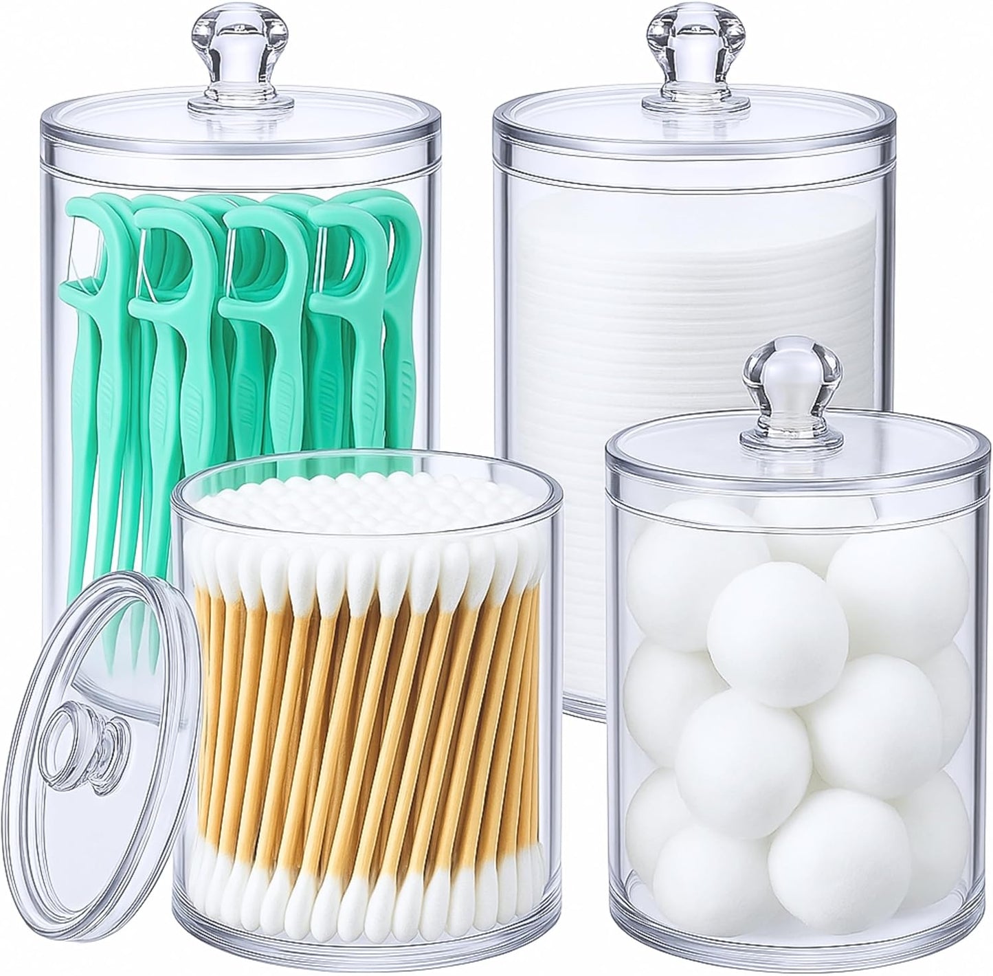 Acrylic Qtip Holder Bathroom Set, Bathroom Containers with Lids, Clear Plastic Apothecary Jars, Q Tip Holder Bathroom Set, Cotton Swab Holder, Cotton Ball Holder (Pack of 4)
