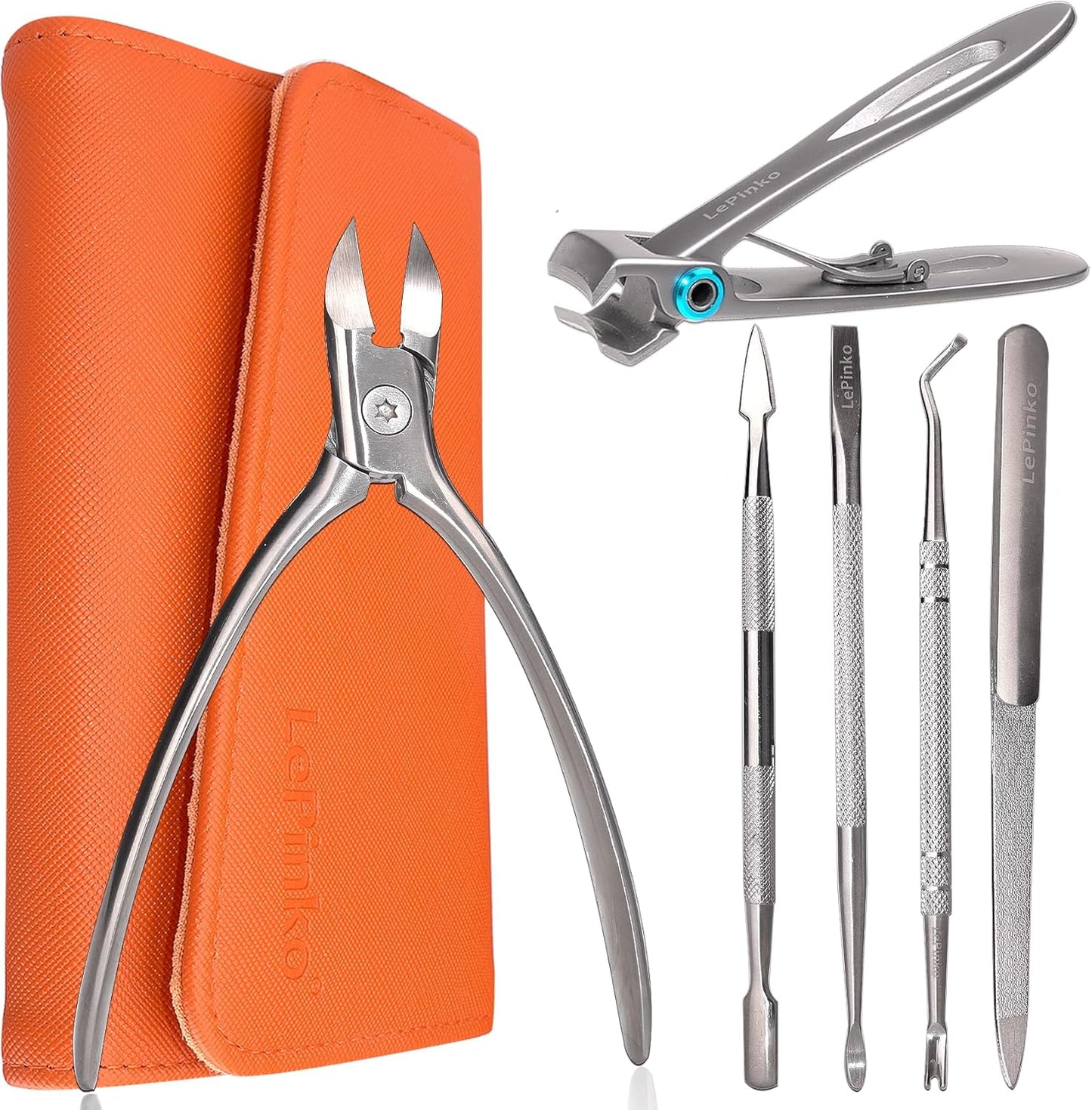 Nail Clippers Set for Thick Toenails and Fingernails, Heavy Duty Podiatrist Clippers for Ingrown Nails, Manicure Sets with Travel Leather Case, Gifts for Stocking Stuffers Men Women, 6PCS Orange